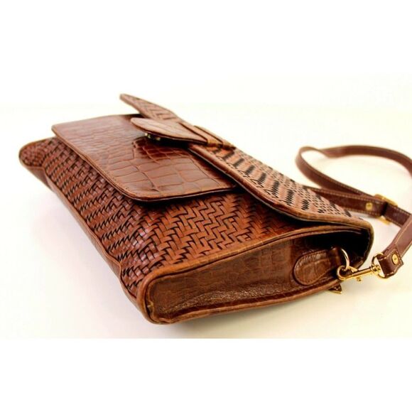 BRIO! BROWN CROCO BRAIDED GENUINE LEATHER ENVELOPE CLUTCH SHOULDER BAG HANDBAG - Picture 11 of 12